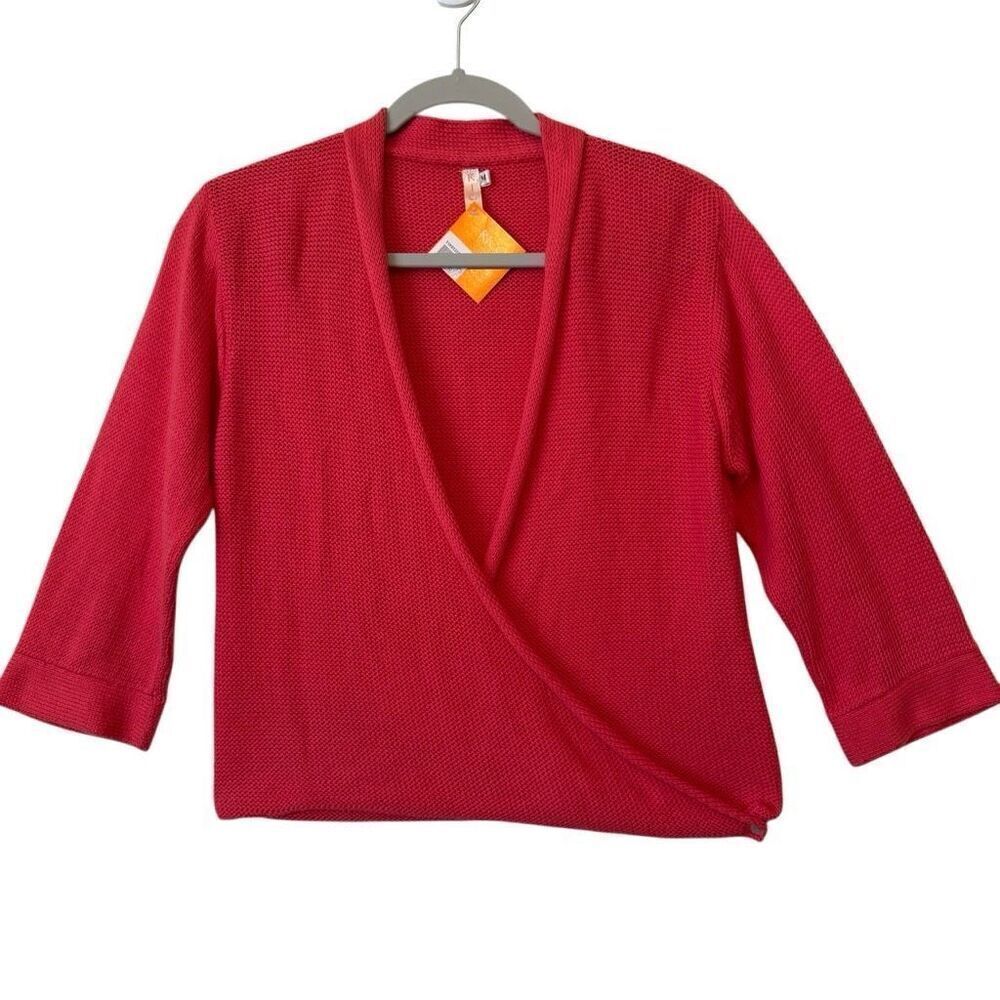 NEW Rico Deep Coral Cotton Hand Knit 3/4 Slv Wrap Sweater Sz M Cottagecore NWT